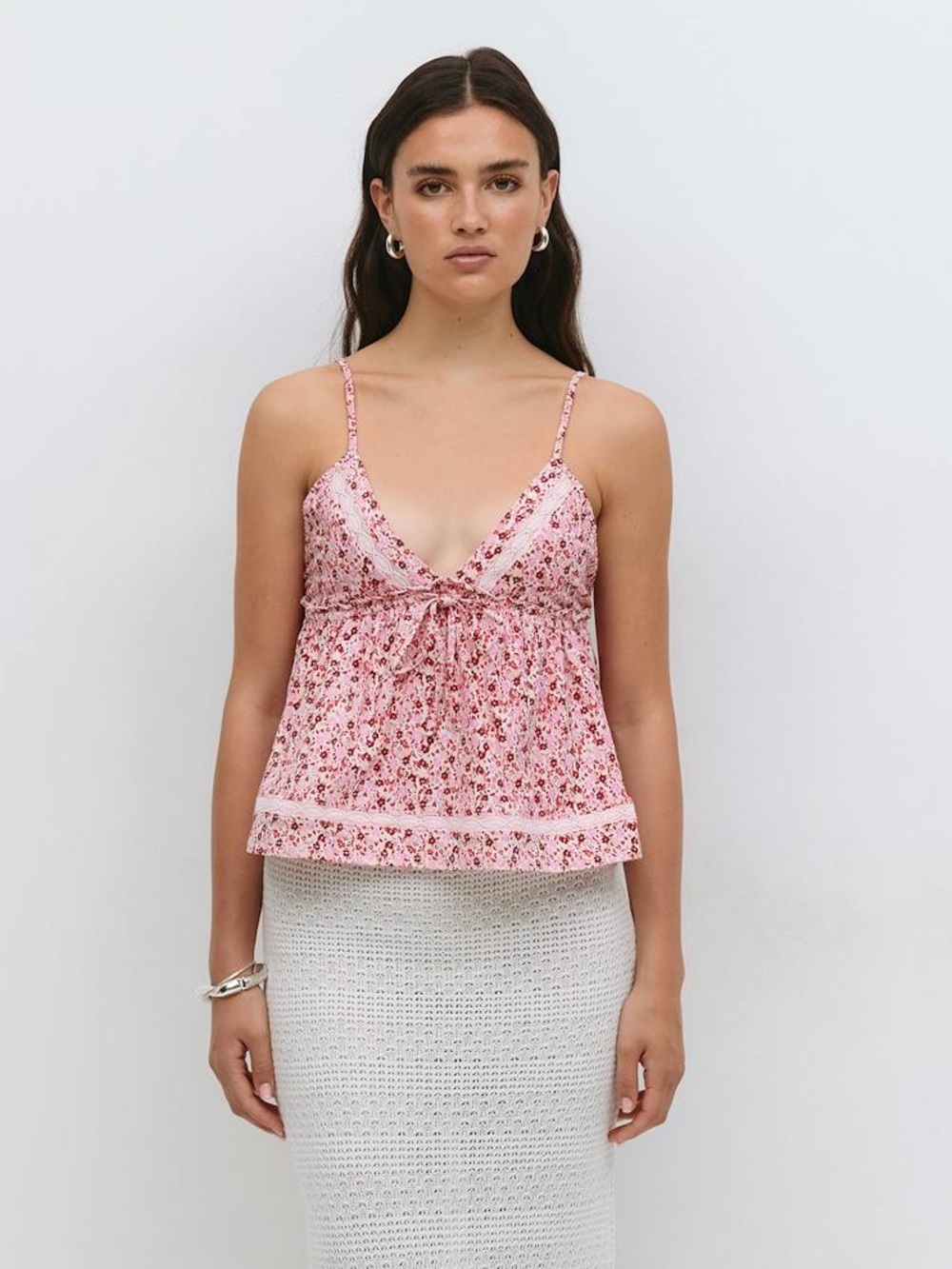Gina Tricot Pink Floral Spaghetti-Strap Top Lace Trim Sz XXL Summer Trendy